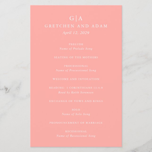 Elegant Coral Pink Modern Budget Wedding Program (Front)
