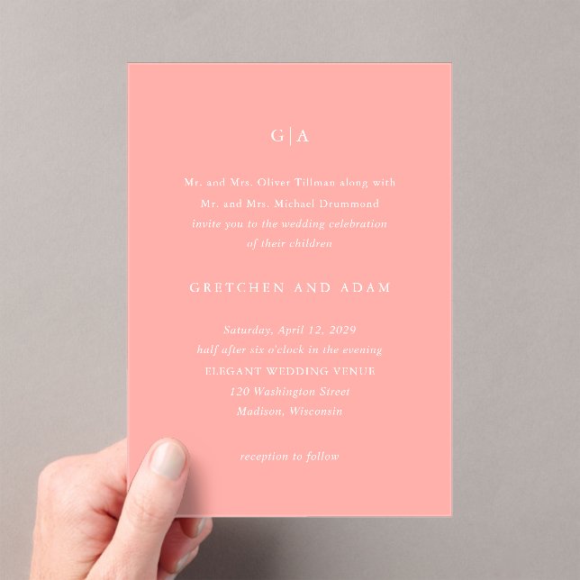 Elegant Coral Pink Modern Wedding Acrylic Invitations (Insitu (Handheld))