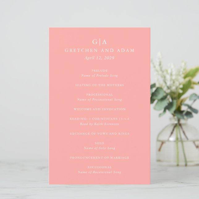 Elegant Coral Pink Modern Wedding Program (Standing Front)