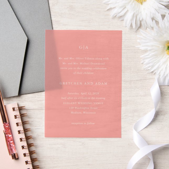 Elegant Coral Pink Modern Wedding Vellum Invitations (Wedding)