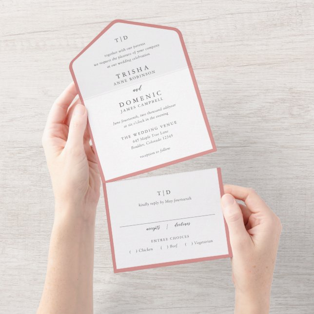 Elegant Coral Pink Monogram Modern Wedding All In One Invitation (Tearaway)