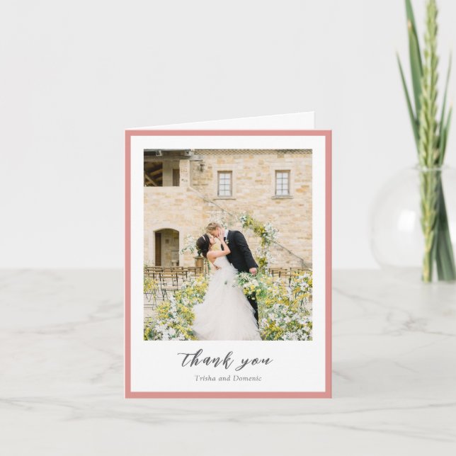 Elegant Coral Pink Photo Modern Wedding Thank You Card (Front)