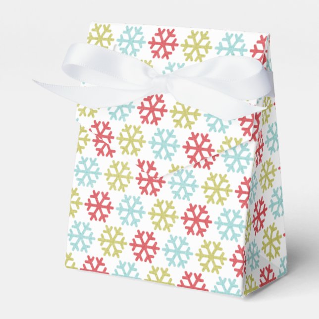 Elegant Coral Pink Red Mint Blue Green Snowflakes Favor Box (Front Side)