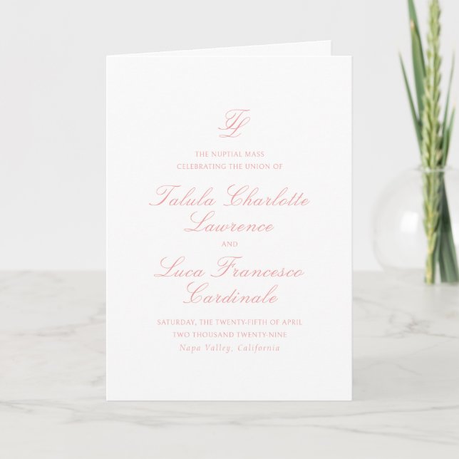 Elegant Coral Pink Traditional Wedding Program (Front)