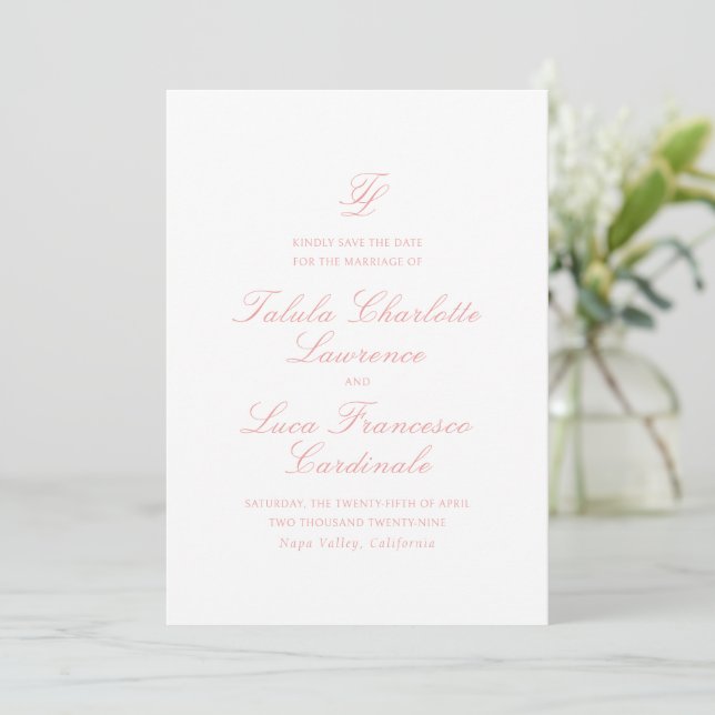 Elegant Coral Pink Traditional Wedding Save The Date (Standing Front)