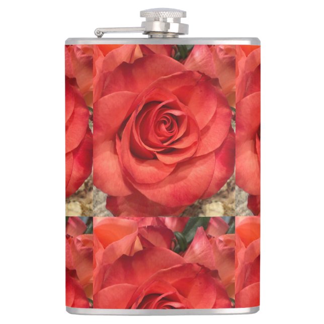 Elegant Coral Rose Pattern Vinyl Wrapped Flask (Front)