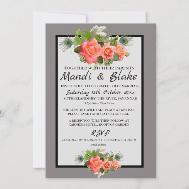 Elegant Coral Roses & Grey Wedding Invitation (Front)