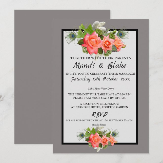 Elegant Coral Roses & Grey Wedding Invitation (Front/Back)