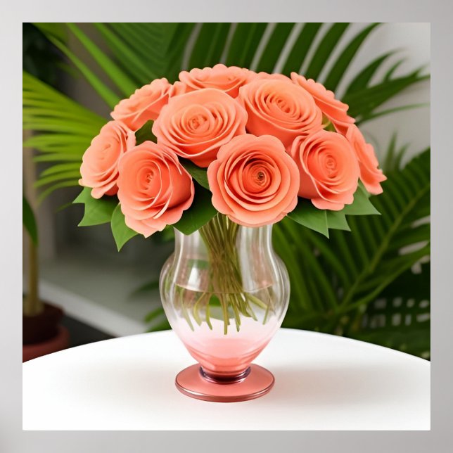 Elegant Coral Roses in Glass Bottle on Table Poster (Front)