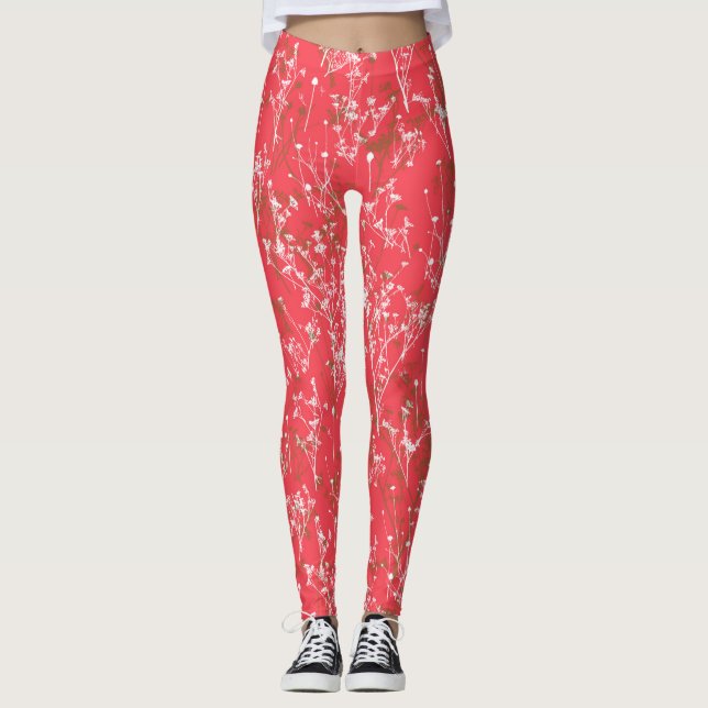 Elégant Coral Rouge Fleur sauvage Leggings (Devant)