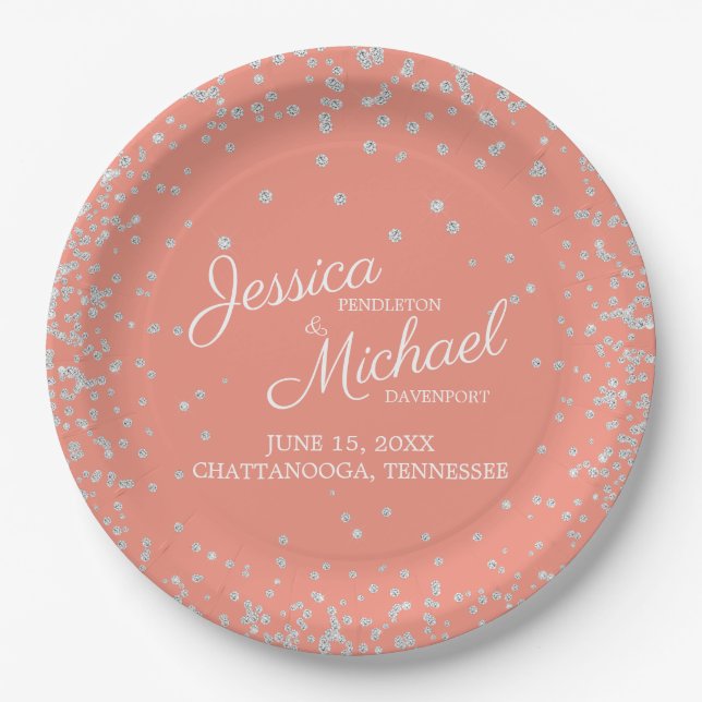 Elegant Coral Silver Glitter White Wedding Paper Plate (Front)