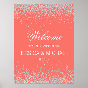 Elegant Coral Sparkling Silver Glitter Wedding Poster