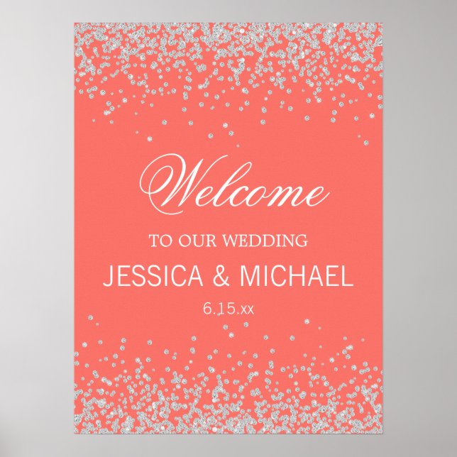 Elegant Coral Sparkling Silver Glitter Wedding Poster (Front)