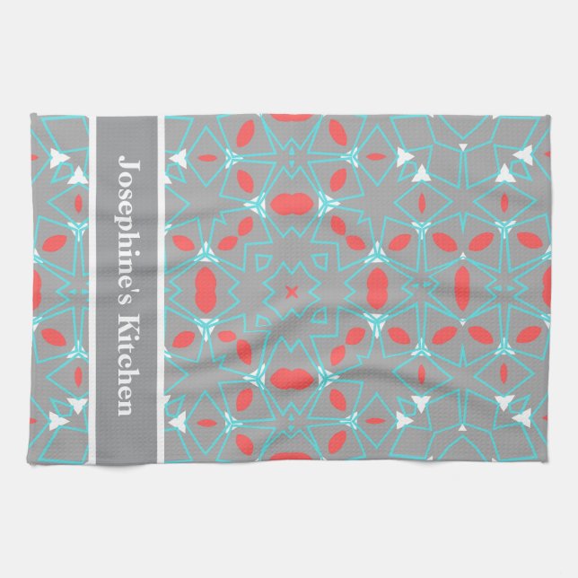 Elegant Coral Turquoise Grey Geometric Pattern  Kitchen Towel (Horizontal)