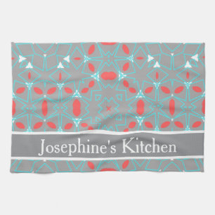 Elegant Coral Turquoise Grey Geometric Pattern Kitchen Towel