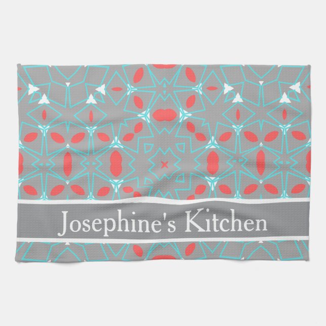 Elegant Coral Turquoise Grey Geometric Pattern  Kitchen Towel (Horizontal)