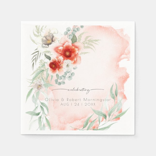 Elegant Coral Watercolor Flowers Napkin (Front)