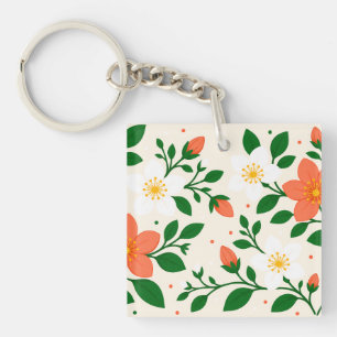 Elegant Coral & White Flowers with Green Foliage Keychain
