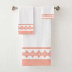 Elegant Coral & White Geometric Pattern Bath Towel Set