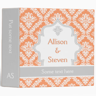 Elegant coral, white, grey damask wedding planner binder