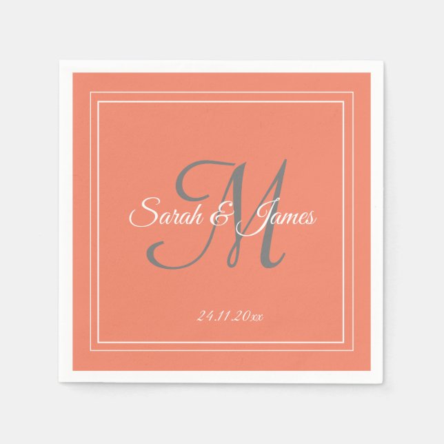 Elegant Coral White Monogram Wedding Paper Napkin (Front)