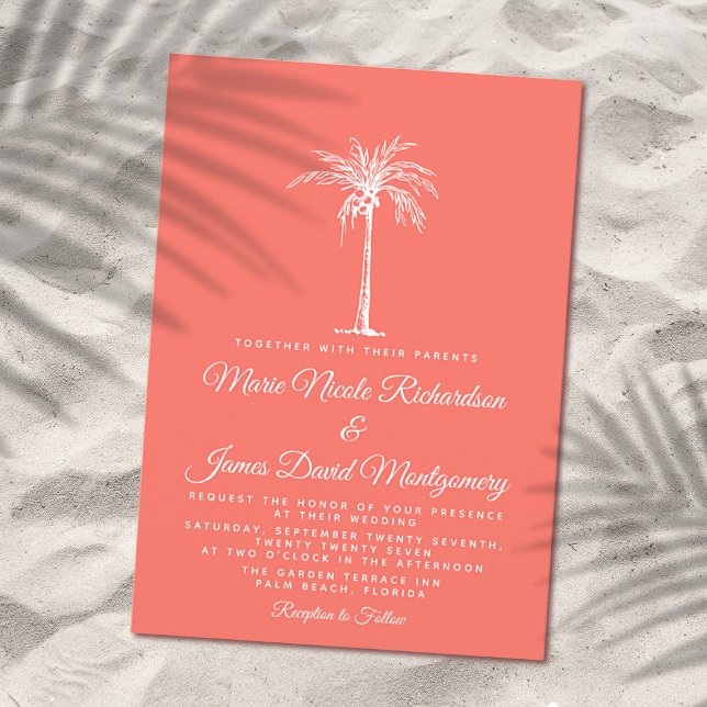 Elegant Coral White Palm Tree Formal Beach Wedding Invitation (Creator Uploaded)