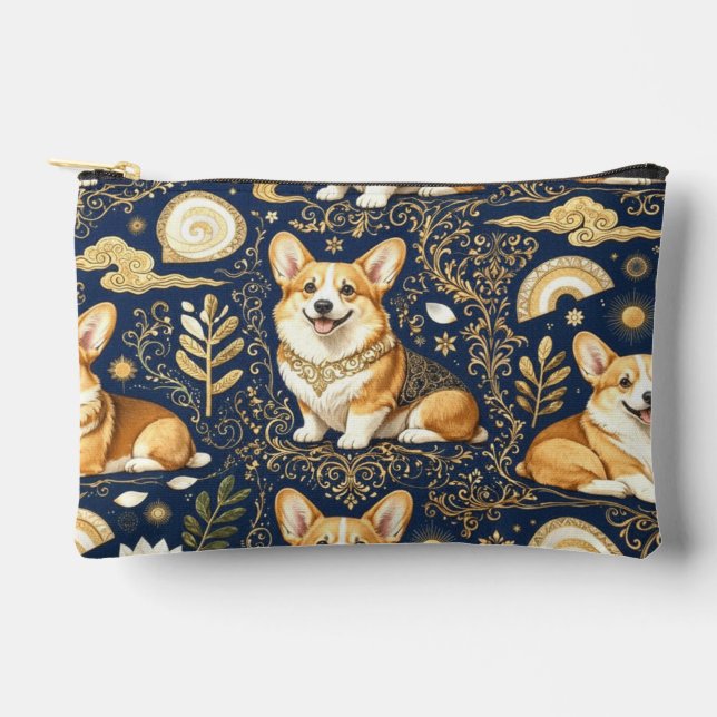 Elegant Corgi Dogs Gold Damask Navy Blue Pattern  Accessory Pouch (Front)