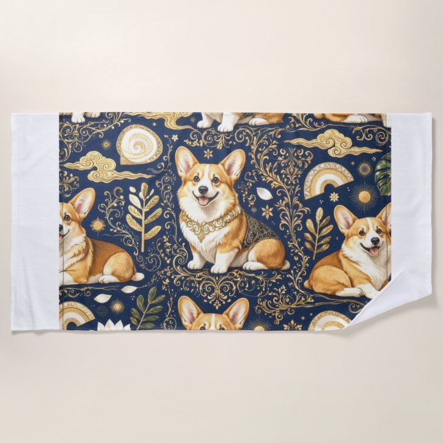 Elegant Corgi Dogs Gold Damask Navy Blue Pattern  Beach Towel (Front)