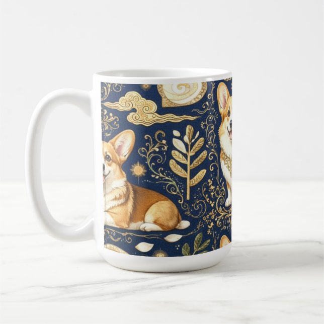 Elegant Corgi Dogs Gold Damask Navy Blue Pattern  Coffee Mug (Left)