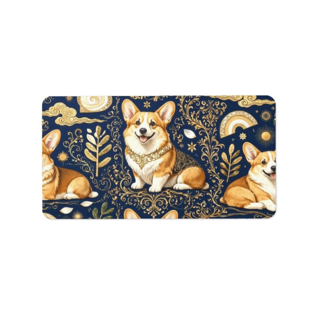 Elegant Corgi Dogs Gold Damask Navy Blue Pattern  Label (Front)