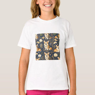 Elegant Corgi Dogs Gold Damask Navy Blue Pattern  T-Shirt