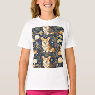Elegant Corgi Dogs Gold Damask Navy Blue Pattern  T-Shirt