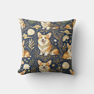 Elegant Corgi Dogs Gold Damask Navy Blue Pattern Throw Pillow