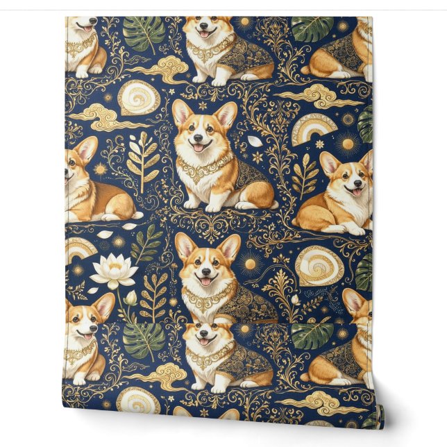 Elegant Corgi Dogs Gold Damask Navy Blue Pattern  Wallpaper (Unrolling)