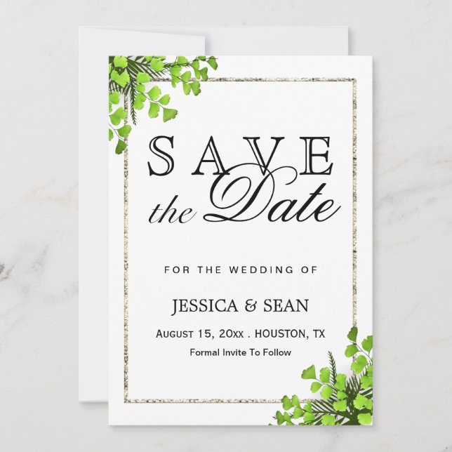 Elegant Corner Fern Decoration Wedding Save The Date (Front)