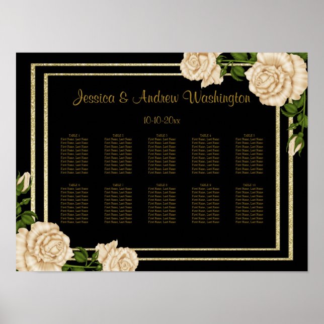 Elegant Corner Ivory Roses Wedding Seating Chart (Front)