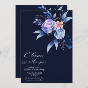 elegant corner peony wreath navy blue wedding invitation