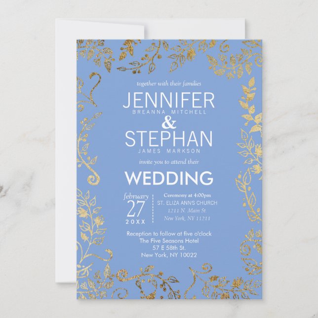 Elegant Cornflower Blue Gold Floral Wedding Invitation (Front)