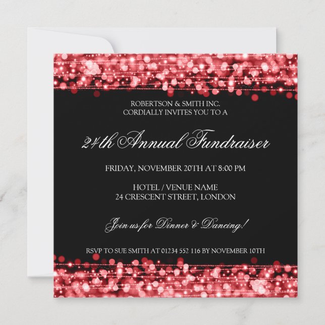 Elegant Corporate Fundraiser Party Sparkles Red Invitation (Front)