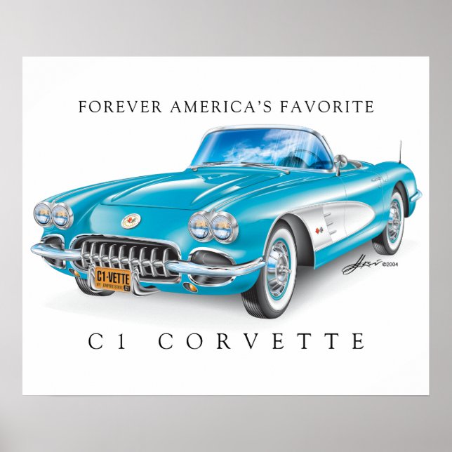 Elegant Corvette C1 Ilustration Cascade Colour Poster (Front)
