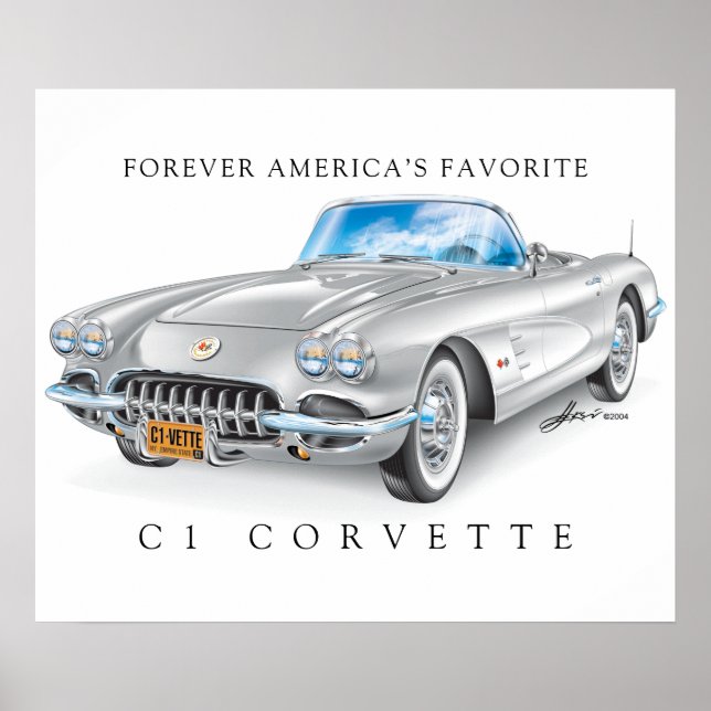 Elegant Corvette C1 Ilustration Silver Colour Poster (Front)
