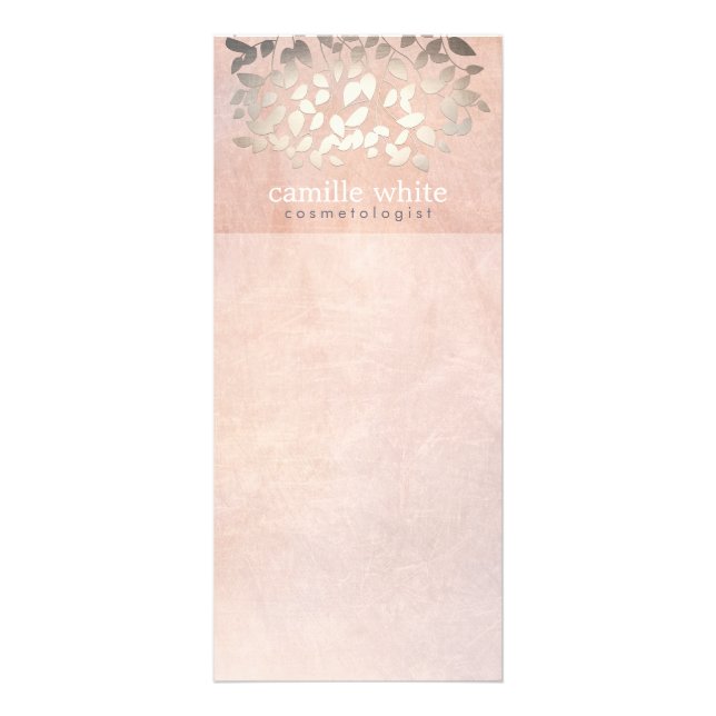 Elegant Cosmetology Faux Gold Foil Leaves Peach Rack Card (Front)