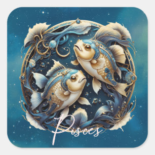 Elegant Cosmic Fish Zodiac Sign Black Gold Pisces Square Sticker