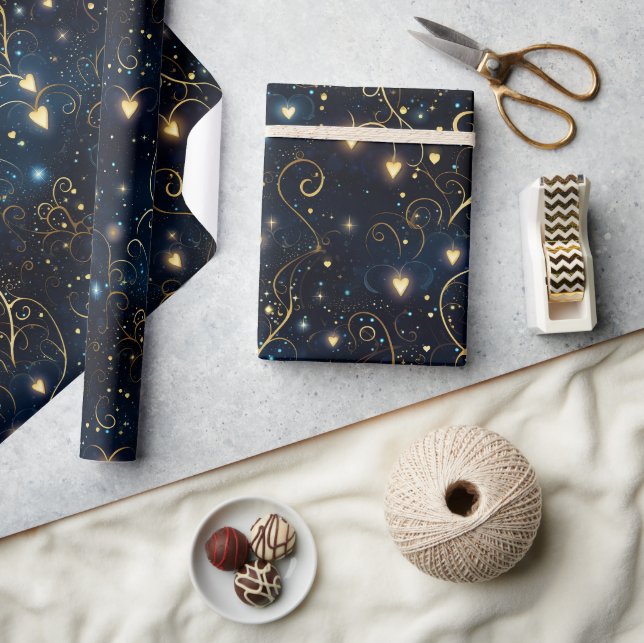 Elegant Cosmic Glowing Hearts in Blue and Gold Wrapping Paper (Crafts)