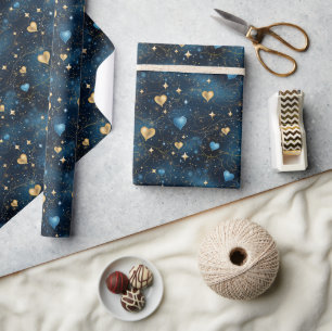 Elegant Cosmic Hearts in Blue and Gold Wrapping Paper