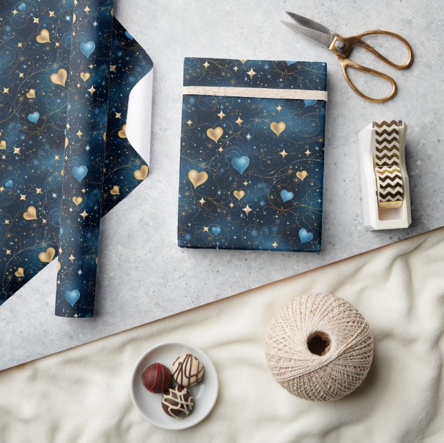 Elegant Cosmic Hearts in Blue and Gold Wrapping Paper (Crafts)
