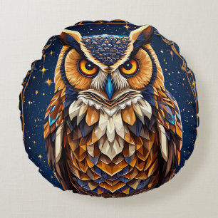 Elegant Cosmic Owl Artwork with Vibrant Feather Round Pillow