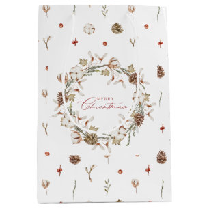 Elegant Cotton and Pinecone Christmas Wreath Medium Gift Bag