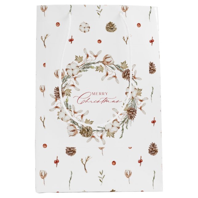 Elegant Cotton and Pinecone Christmas Wreath Medium Gift Bag (Front)