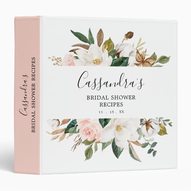 Elegant Cotton & Magnolia Bridal Shower Recipe Binder (Front/Spine)